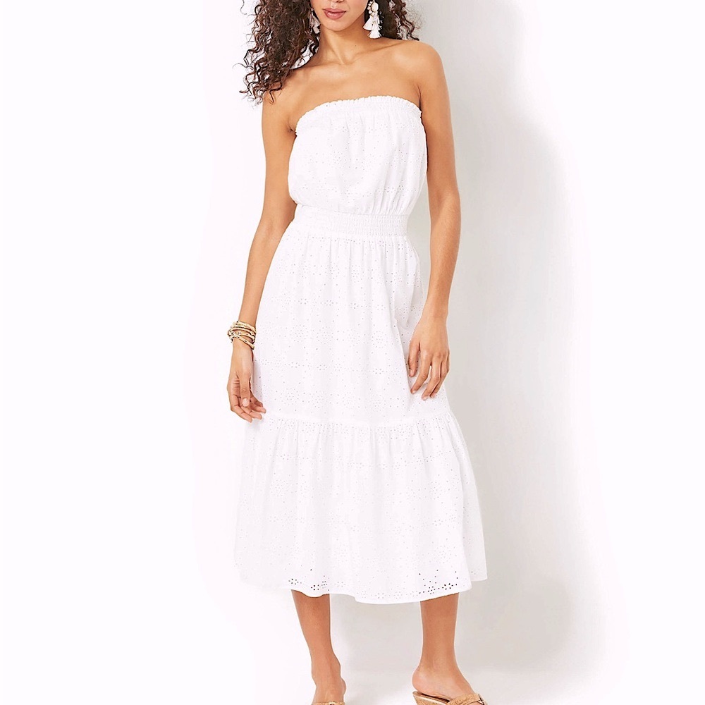 Lilly Pulitzer Nikole Eyelet White Strapless Midi Dress, L